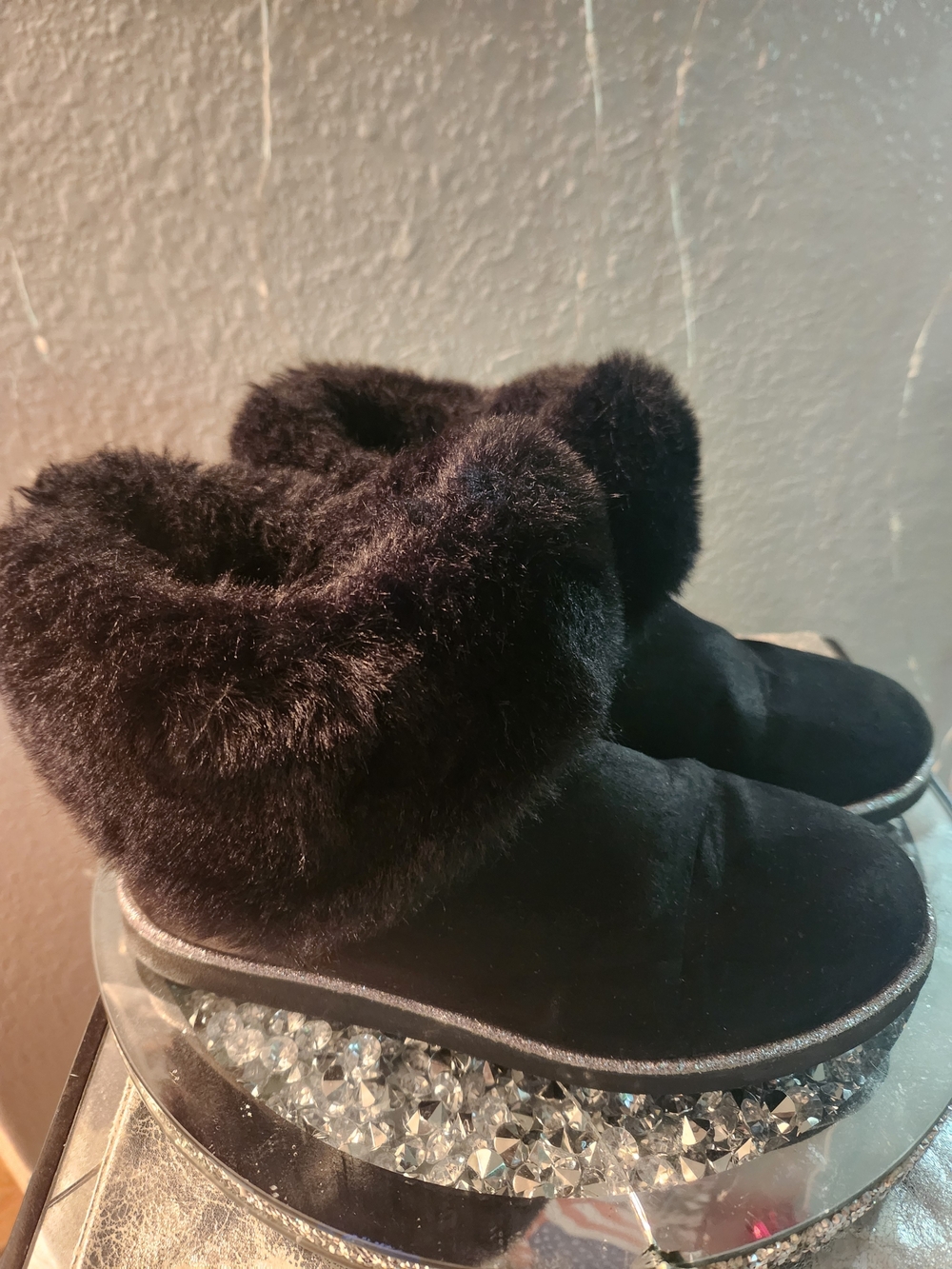 Juicy Couture Black Faux Fur Cuff Boots with Metallic Trim